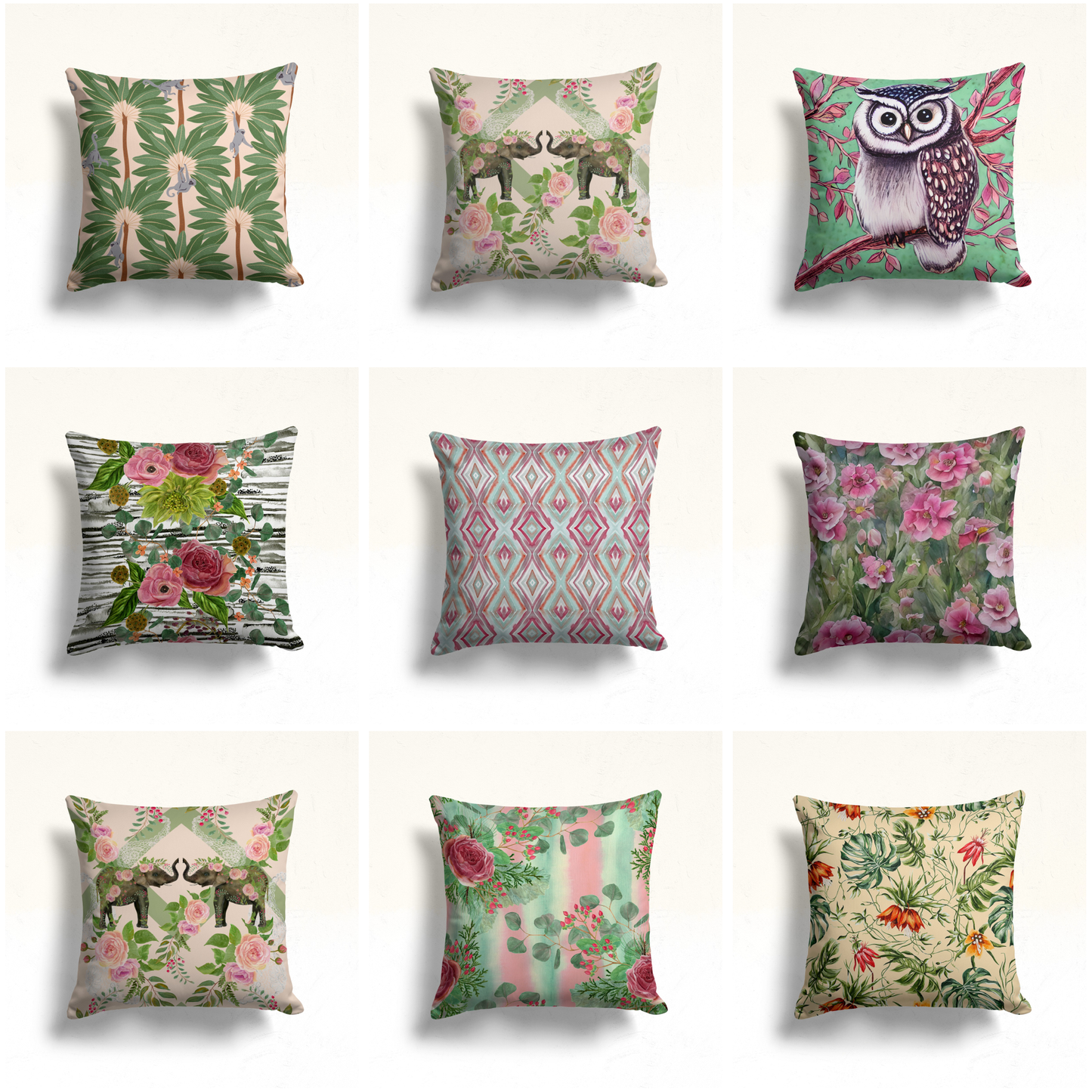 Tropical Green Cushion Cover, Floral Elephant, Boho Jungle