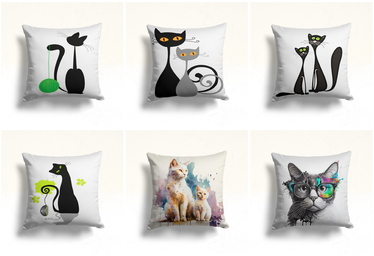 Black Cats Artwork Cushion Cover, Watercolor Cat and Kitten