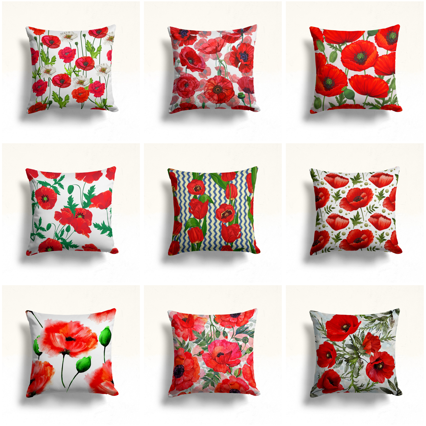 Vivid Red Poppy Pillow Cover for Floral Décor, Poppy Stripe