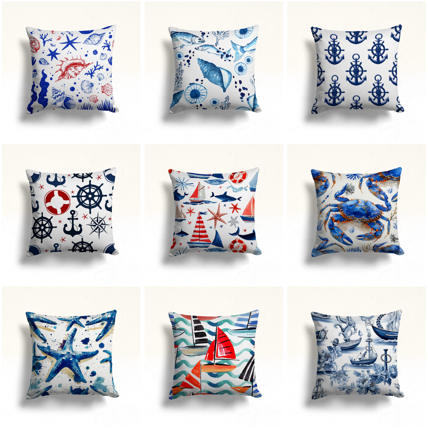 Marine Life Shells Starfish Cushion Cover, Ocean Blue Seashell