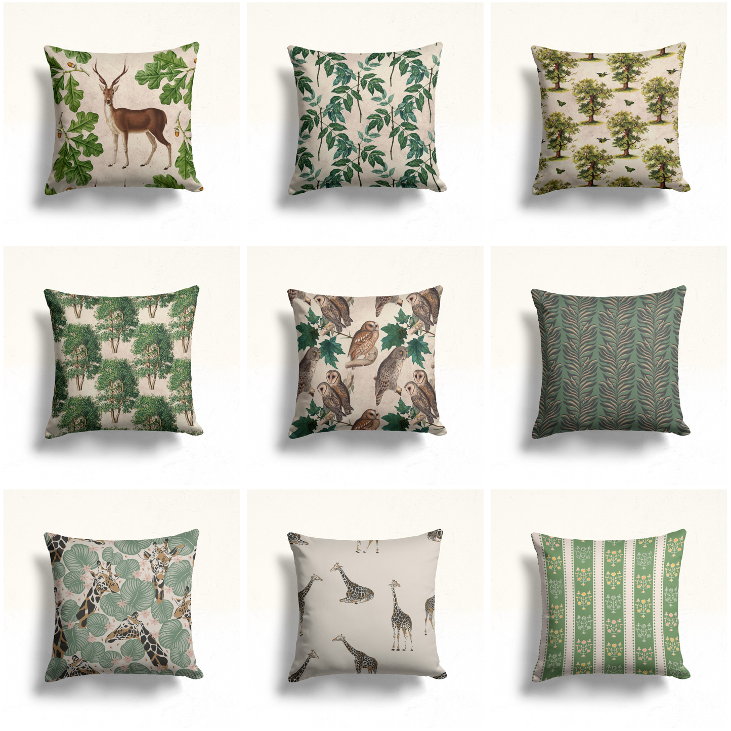 Deer Cushion Cover with Fig Leaves, Green Botanical Trees