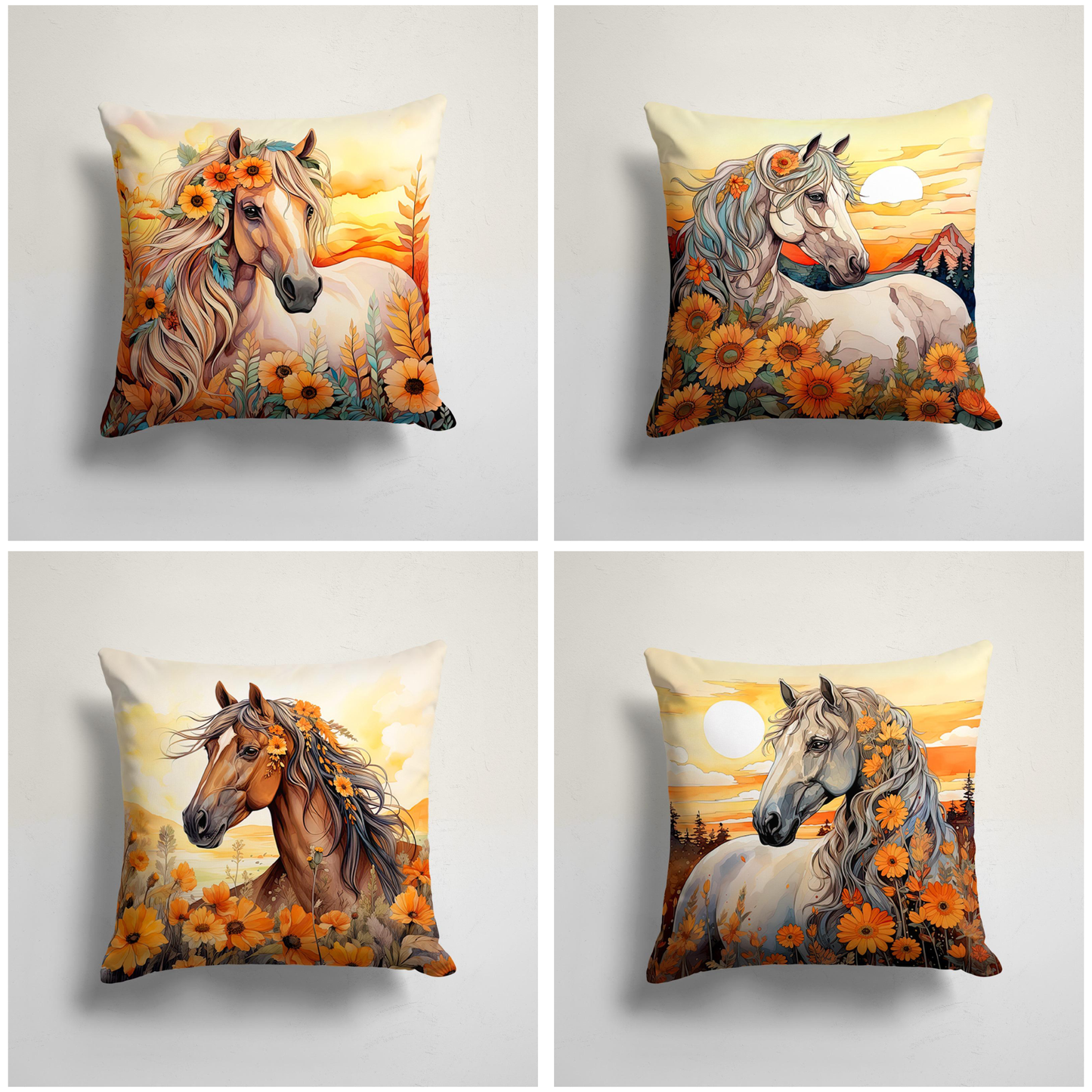 Sunset Stallion Horse in Sunflower Field Cushion Cover