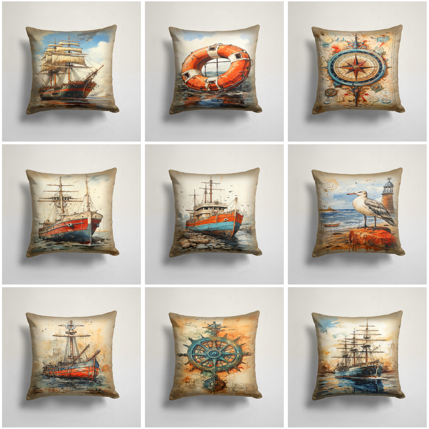 Sailing Ship Cushion Cover, Compass Rose Maritime, Harbor