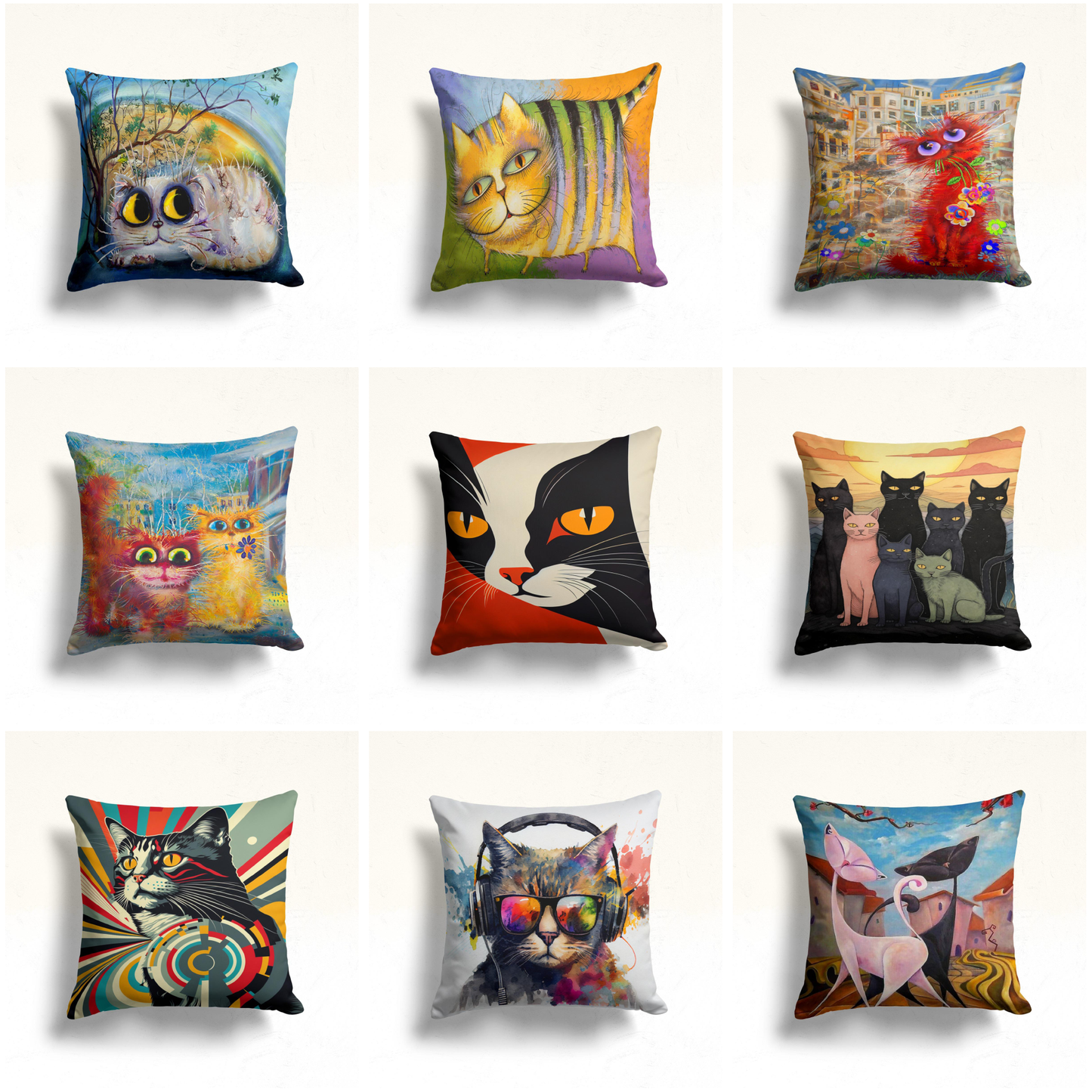 Red Feline in a Vibrant Cityscape Cushion Cover, Striped Cat