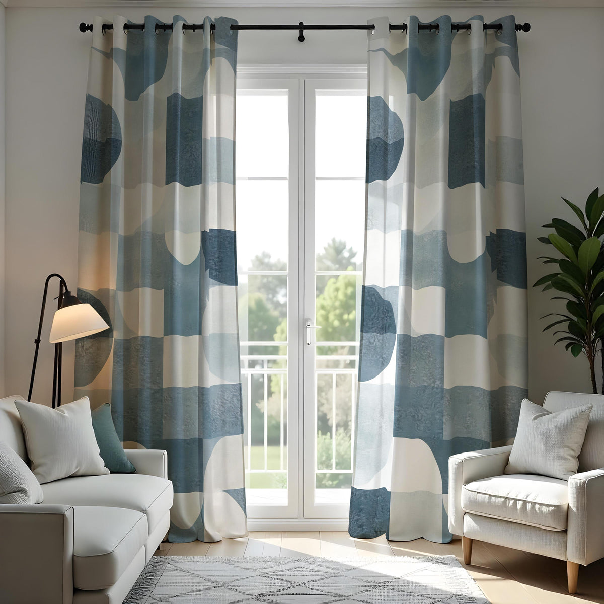 Blue Abstract Geometric Curtains, Minimalist Custom Drapes