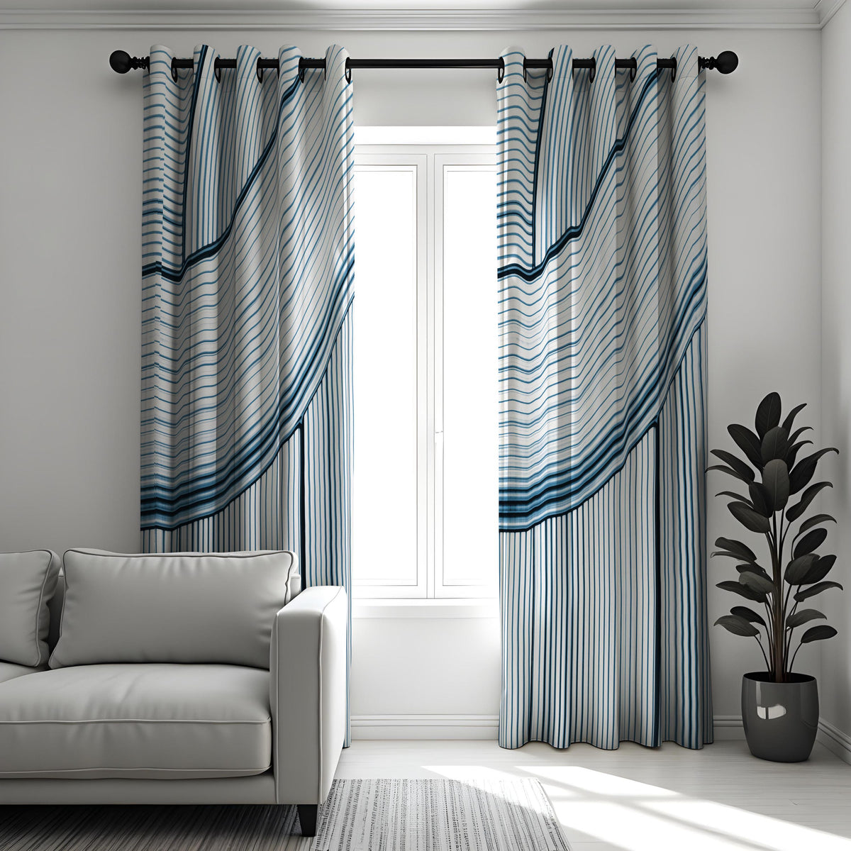 Navy & White Wave Stripe Curtains, Modern Minimalist Drapes