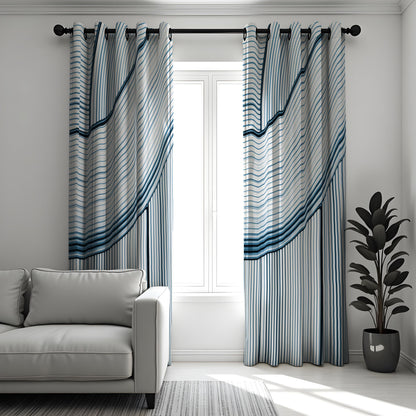 Navy & White Wave Stripe Curtains, Modern Minimalist Drapes