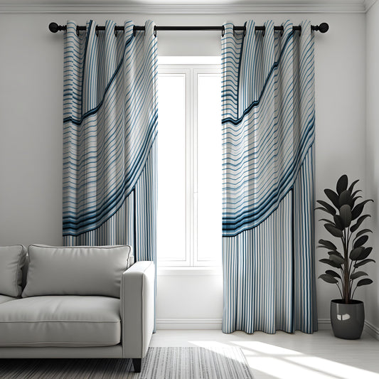 Navy & White Wave Stripe Curtains, Modern Minimalist Drapes