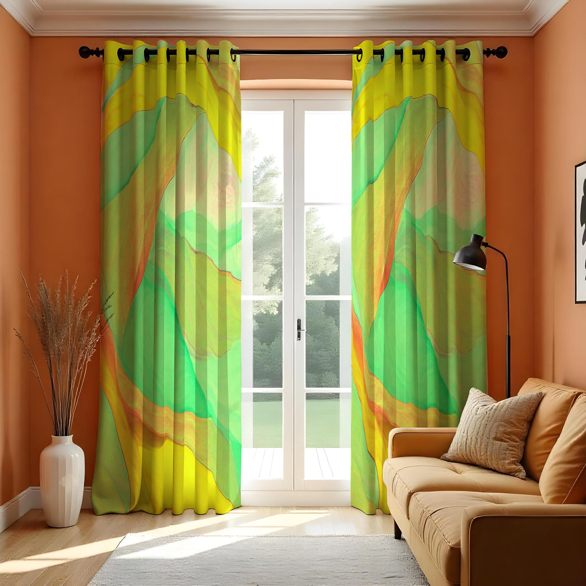 Green Yellow Fluid Wave Curtains, Abstract Window Drapes