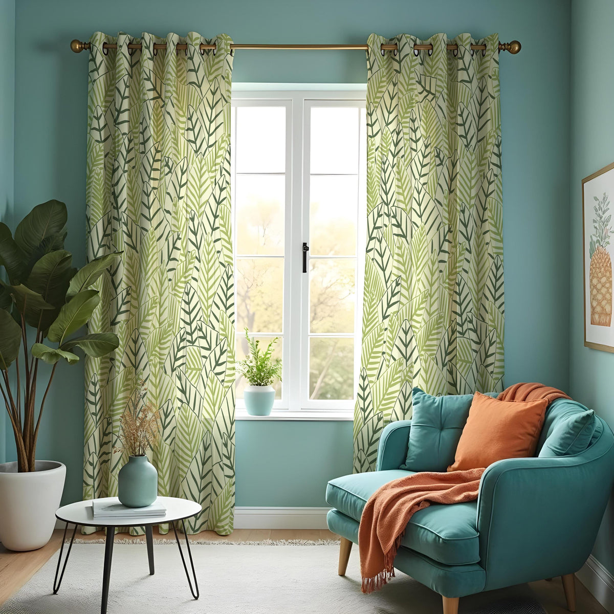 Green Leaf Print Curtains, Tropical Jungle Botanical Drapes