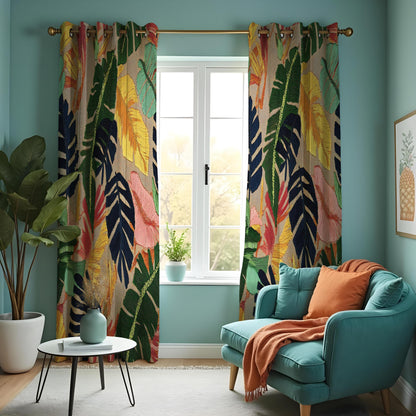 Multicolour Tropical Leaf Curtains, Jungle Foliage Drapes