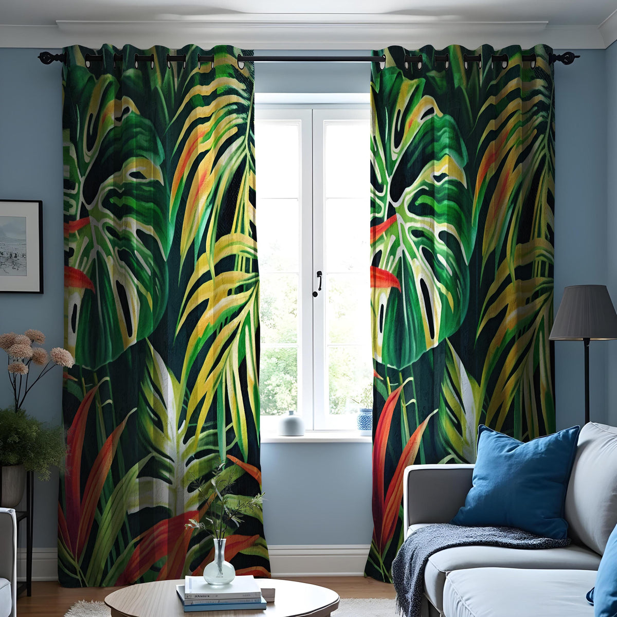 Tropical Monstera Palm Leaf Curtains, Jungle Print Drapes