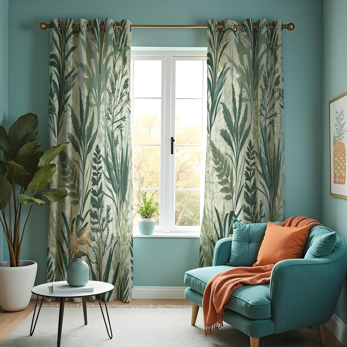 Green Tropical Leaf Curtains, Nature Botanical Print Drapes