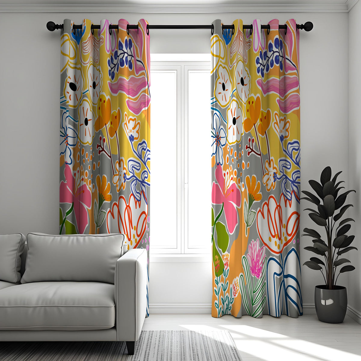 Bright Abstract Floral Curtains, Boho Art Print Drapes