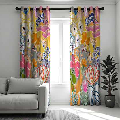 Bright Abstract Floral Curtains, Boho Art Print Drapes