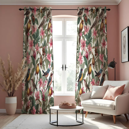 Tropical Bird & Flower Curtains, Vibrant Botanical Drapes