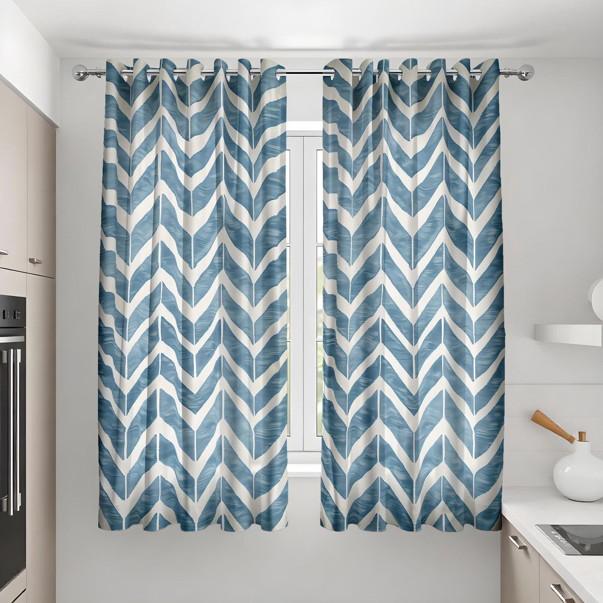 Blue Chevron Kitchen Curtains, Aqua Leaf Cafe Drapes
