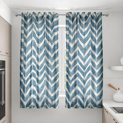 Blue Chevron Kitchen Curtains, Aqua Leaf Cafe Drapes