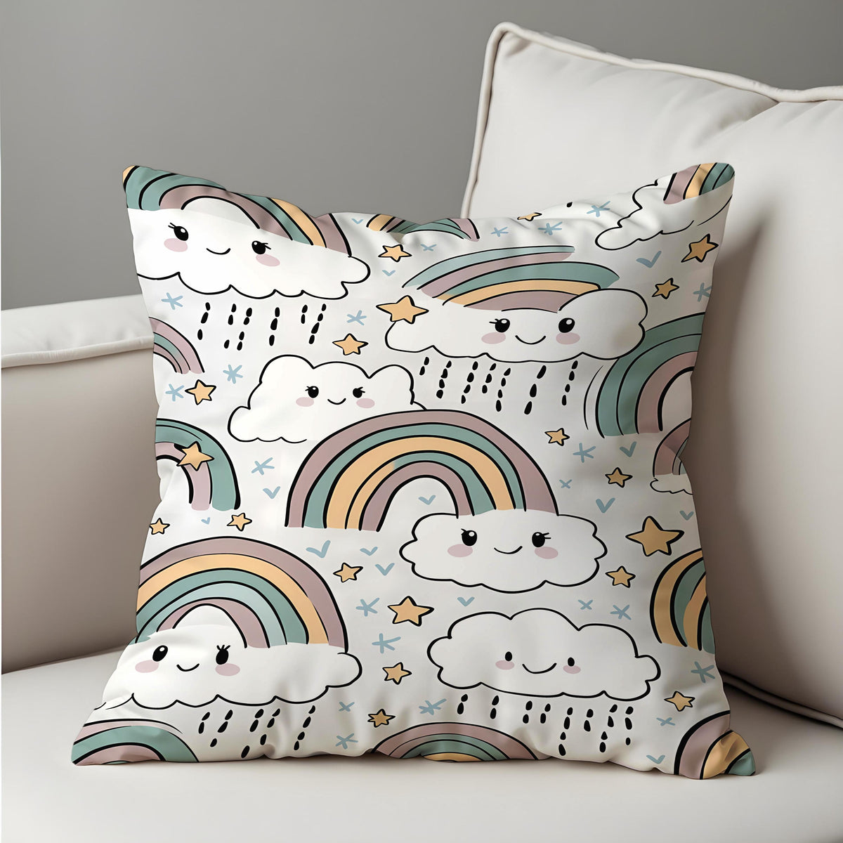 Rainbow Clouds Throw Pillow Cover, Nursery Cushion Case