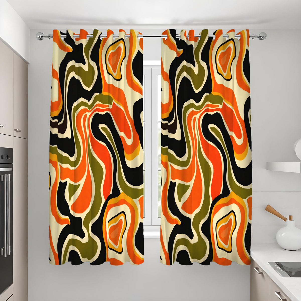 70s Retro Psychedelic Swirl Curtains, Orange Olive Drapes