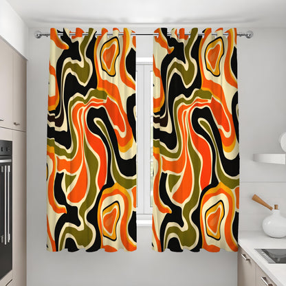 70s Retro Psychedelic Swirl Curtains, Orange Olive Drapes