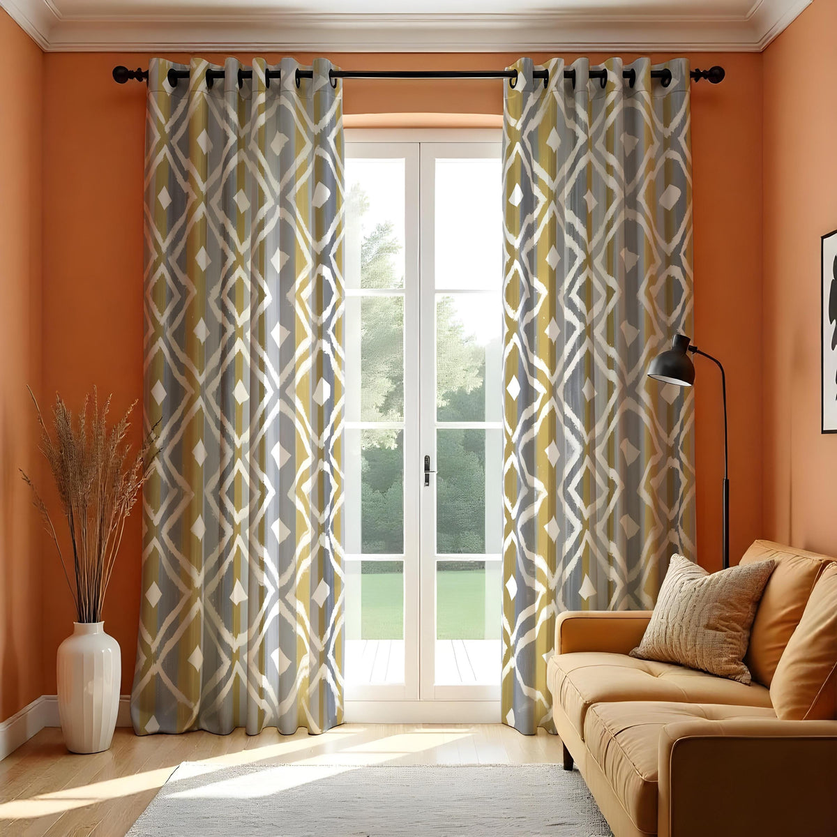 Grey Mustard Geometric Curtains, Abstract Pattern Drapes
