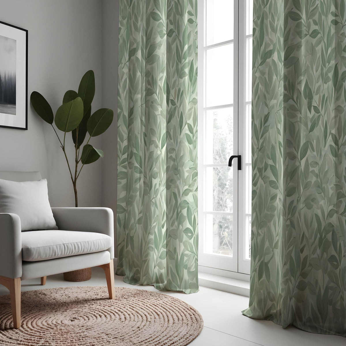 Green Botanical Leaf Curtains, Nature Inspired Custom Drapes