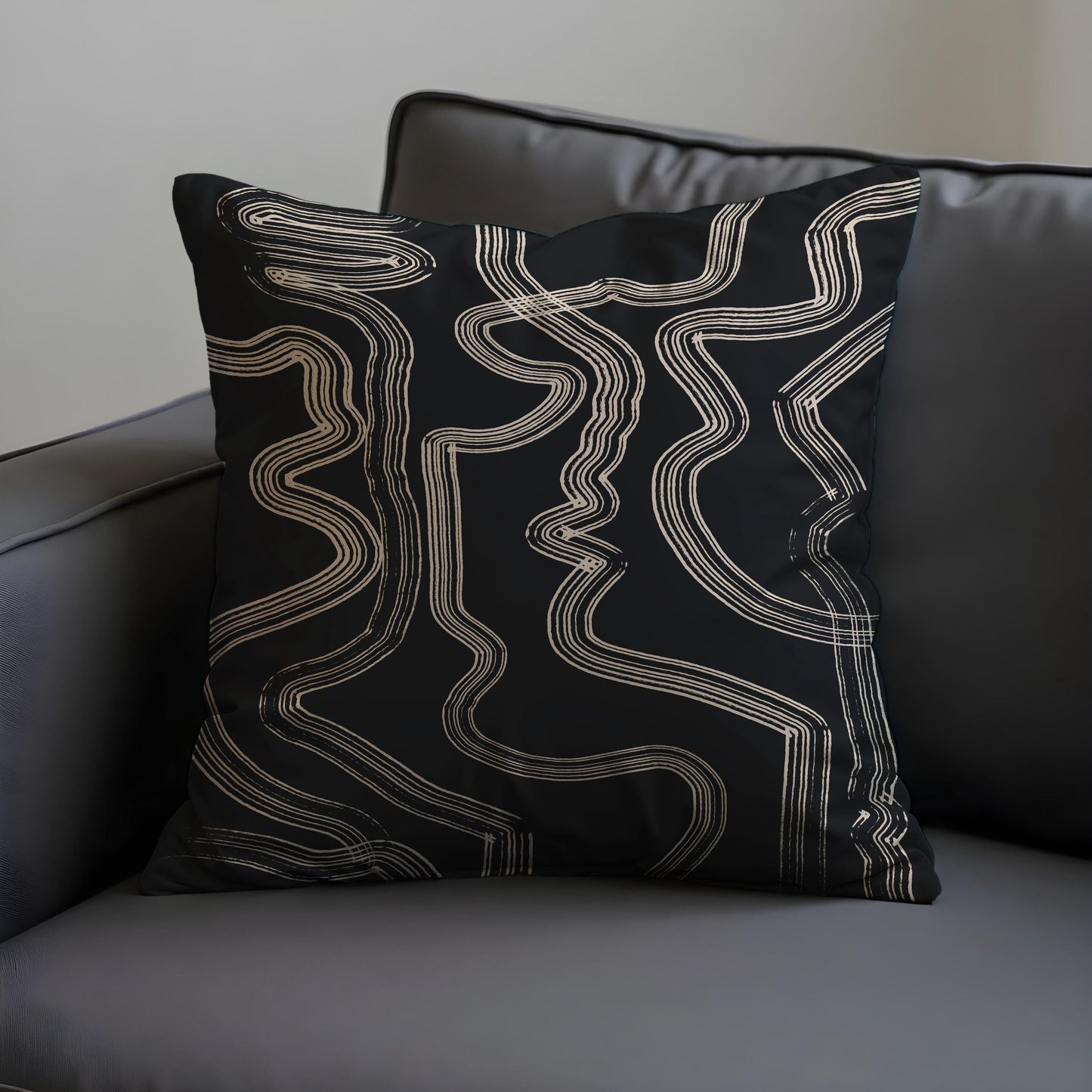 Abstract Black and Beige Cushion Cover, Geometric Lines Throw Pillow Cover
