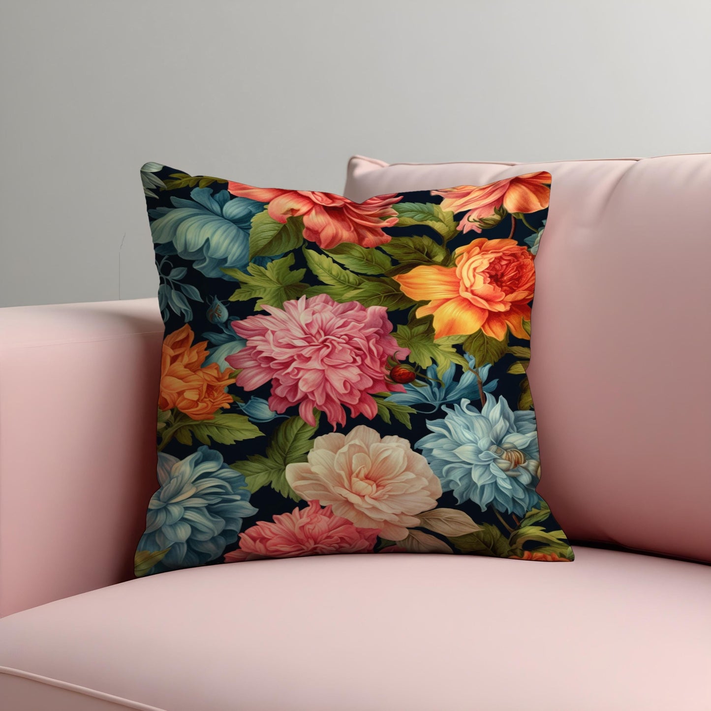 Bold Classic Floral Cushion Cover, Multicolor Peonies & Leaves Pillow Case