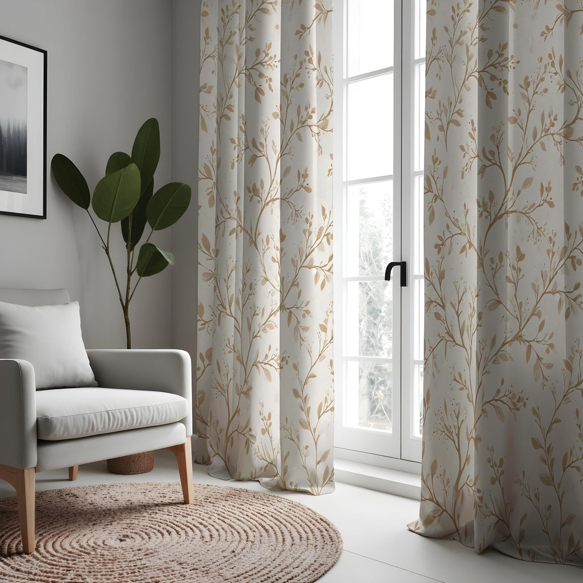 Beige Leaf & Branch Curtains, Neutral Botanical Drapes
