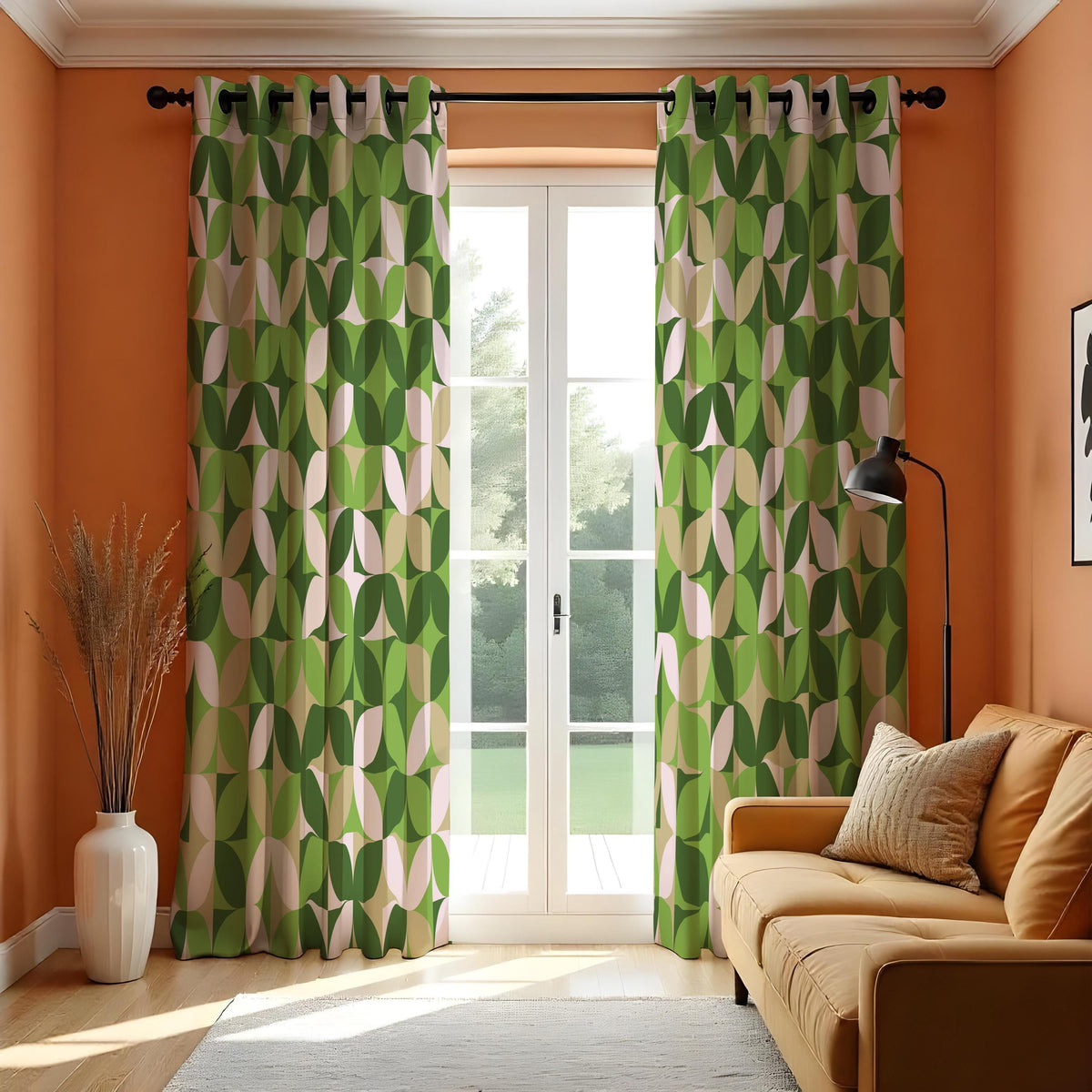 Green Retro Geometric Curtains, Mid Century Custom Drapes