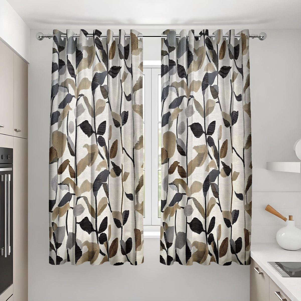 Beige & Black Leaf Print Curtains, Neutral Botanical Drapes
