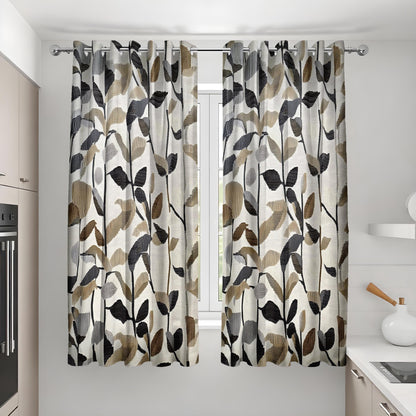 Beige & Black Leaf Print Curtains, Neutral Botanical Drapes