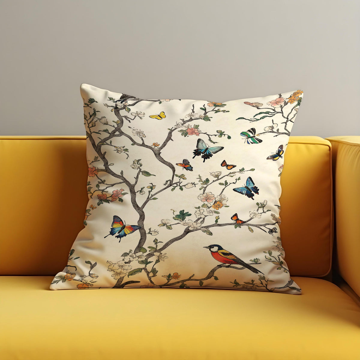 Bird Print Cushion Cover, Branch Throw Pillow Case