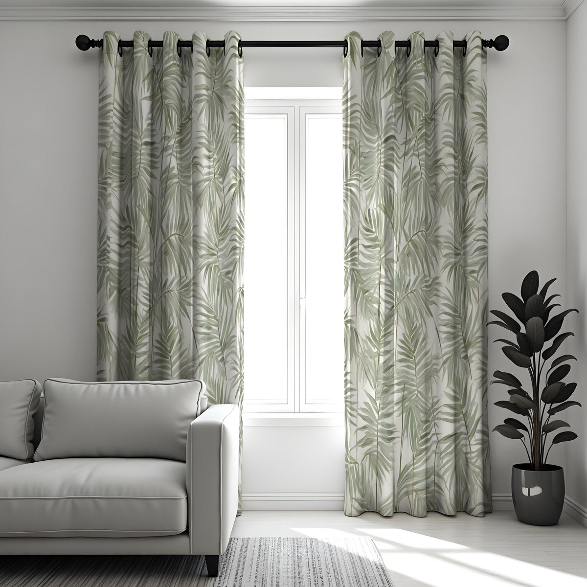 Tropical Green Leaf Curtains, Jungle Print Eyelet Drapes