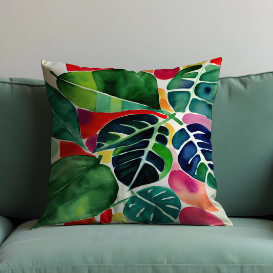 Tropical Watercolor Leaf Cushion Cover, Colorful Jungle Botanical Pillowcase