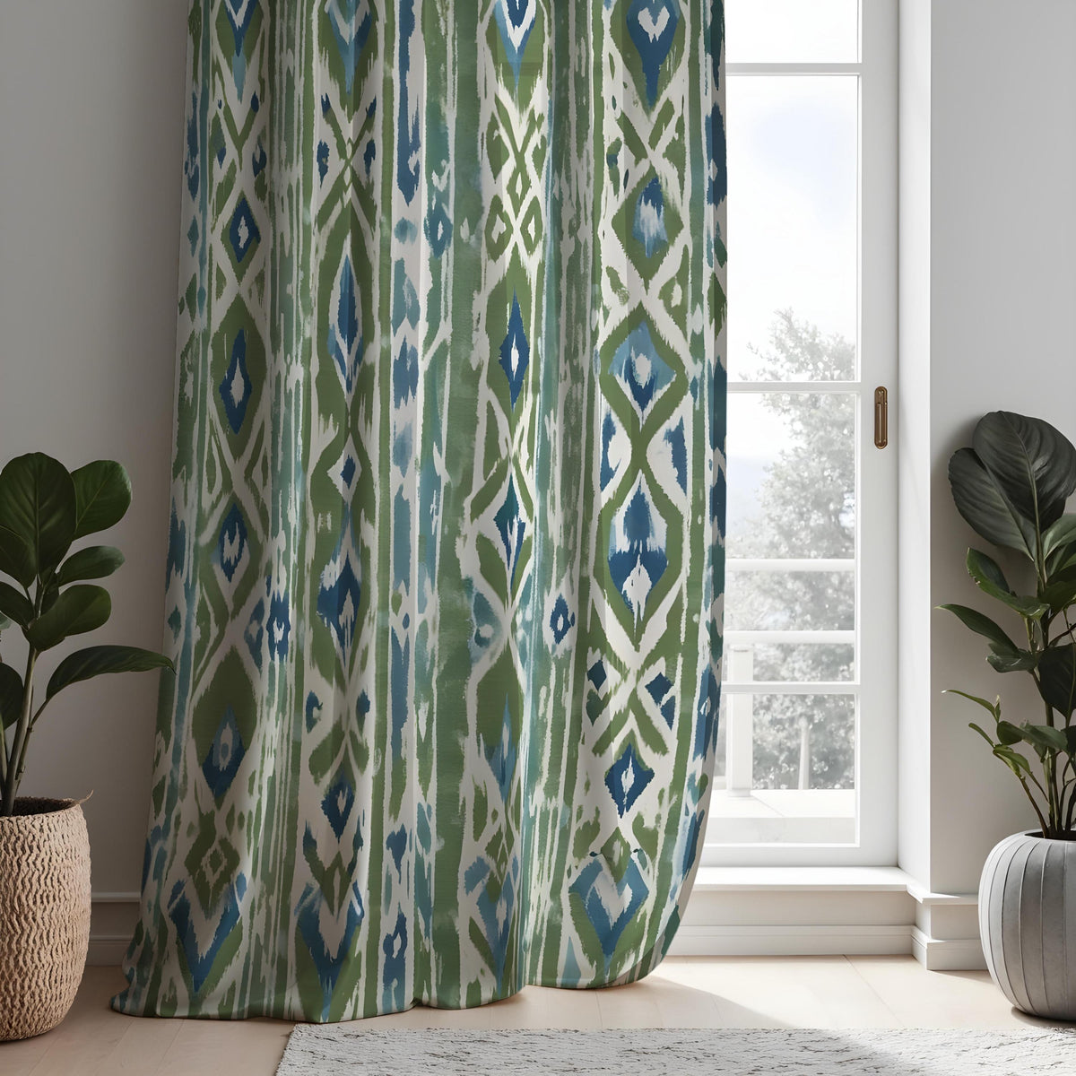 Green Blue Boho Ikat Curtains, Vertical Geometric Drapes