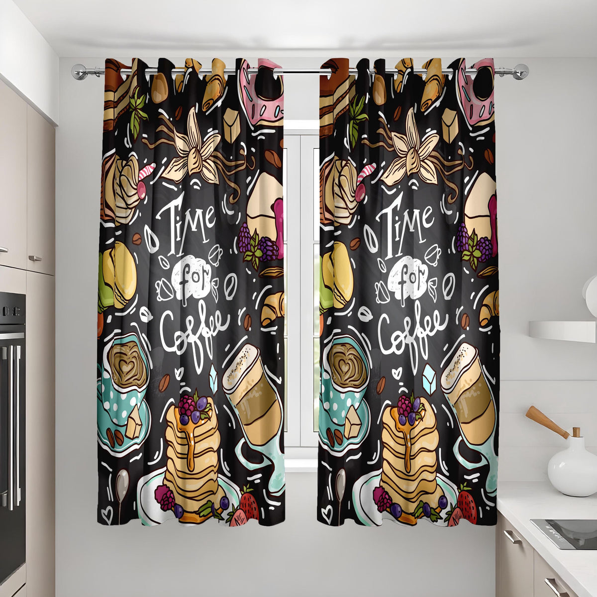 Coffee Lover Kitchen Curtains, Cafe Print Coffee Bar Drapes