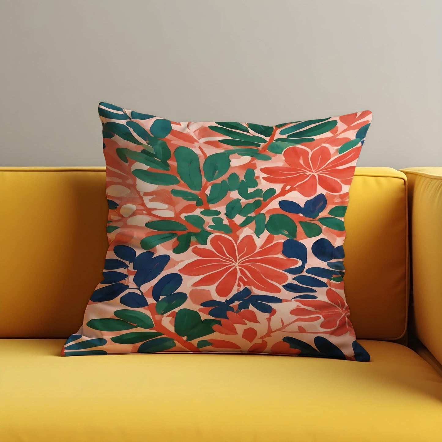 Tropical Floral Cushion Cover, Coral and Green Botanical Pillowcase