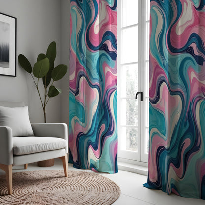 Pink Blue Fluid Marble Curtains, Colorful Abstract Drapes