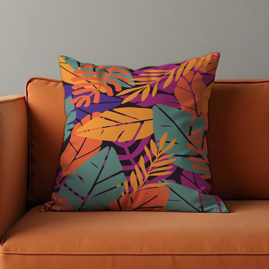 Tropical Leaf Cushion Cover, Orange & Green Botanical Print Pillow Case