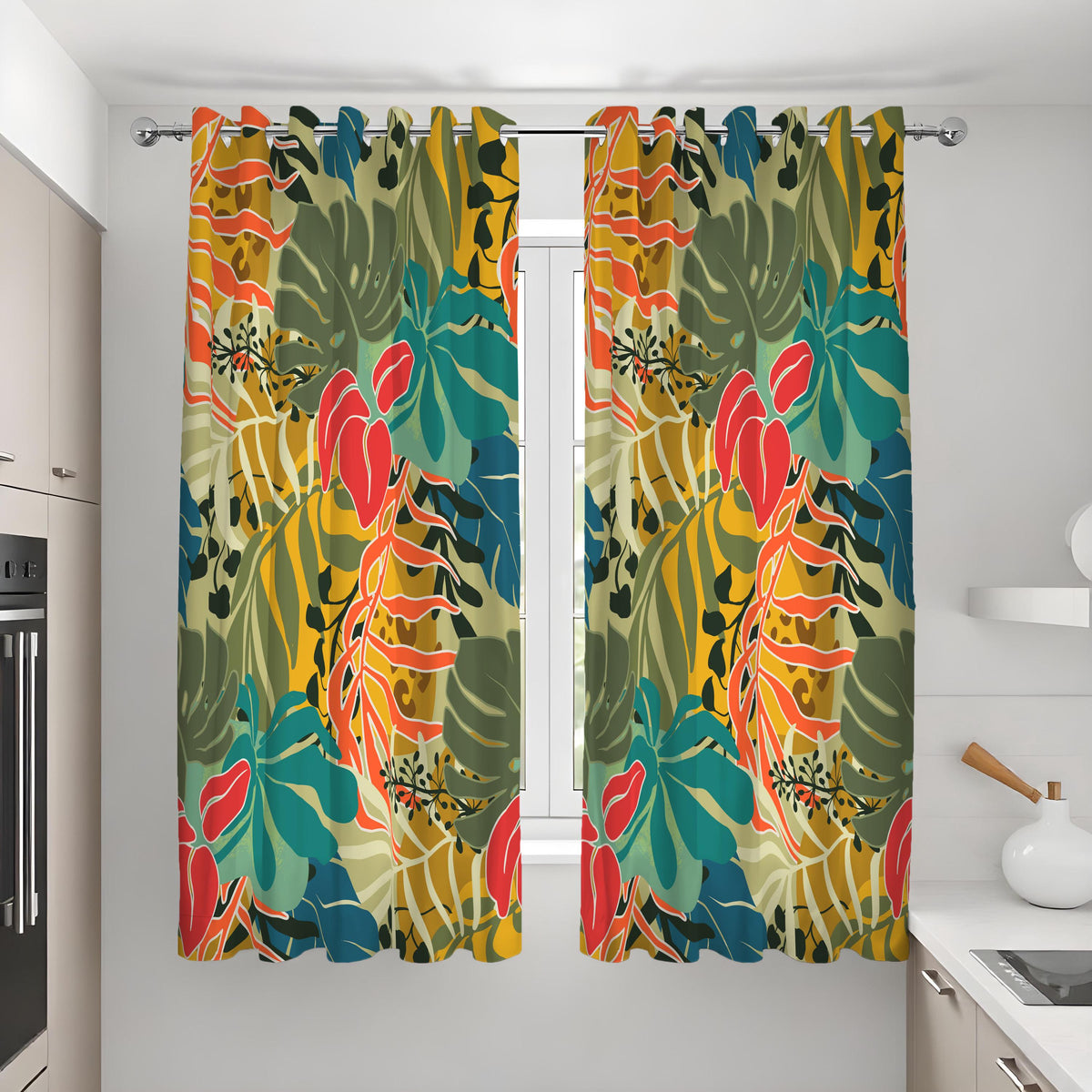 Red & Green Jungle Leaf Curtains, Tropical Window Drapes