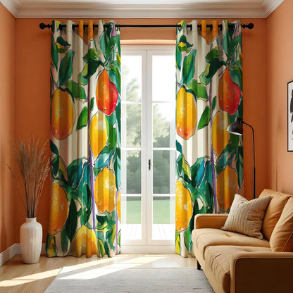 Lemon Watercolor Kitchen Curtains, Citrus Botanical Drapes