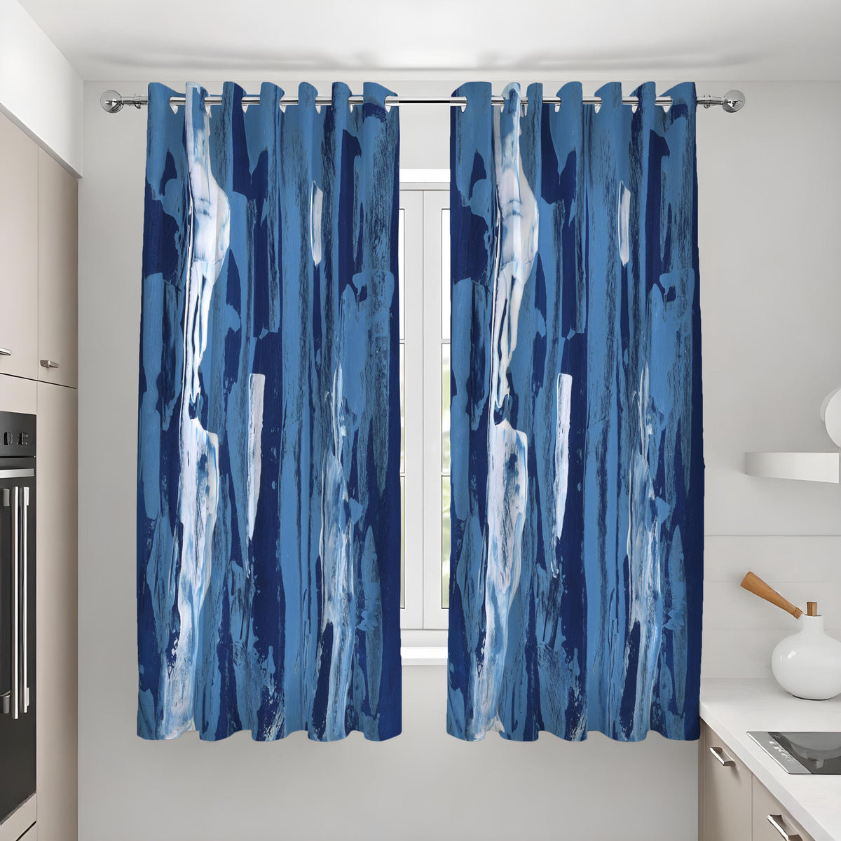 Dark Blue Waterfall Abstract Curtains, Modern Art Drapes