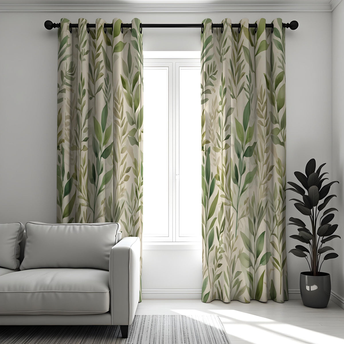 Green Botanical Leaf Curtains, Tropical Nature Custom Drapes