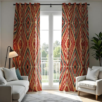 Red Beige Boho Ikat Curtains, Tribal Diamond Window Drapes