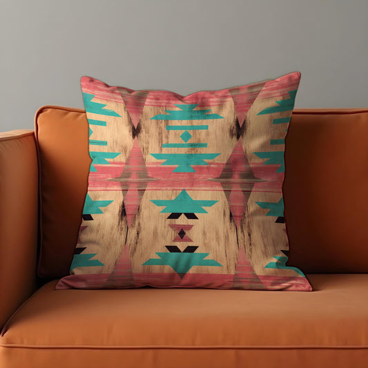Southwestern Cushion Cover, Faded Aztec Coral & Turquoise Pillow Case