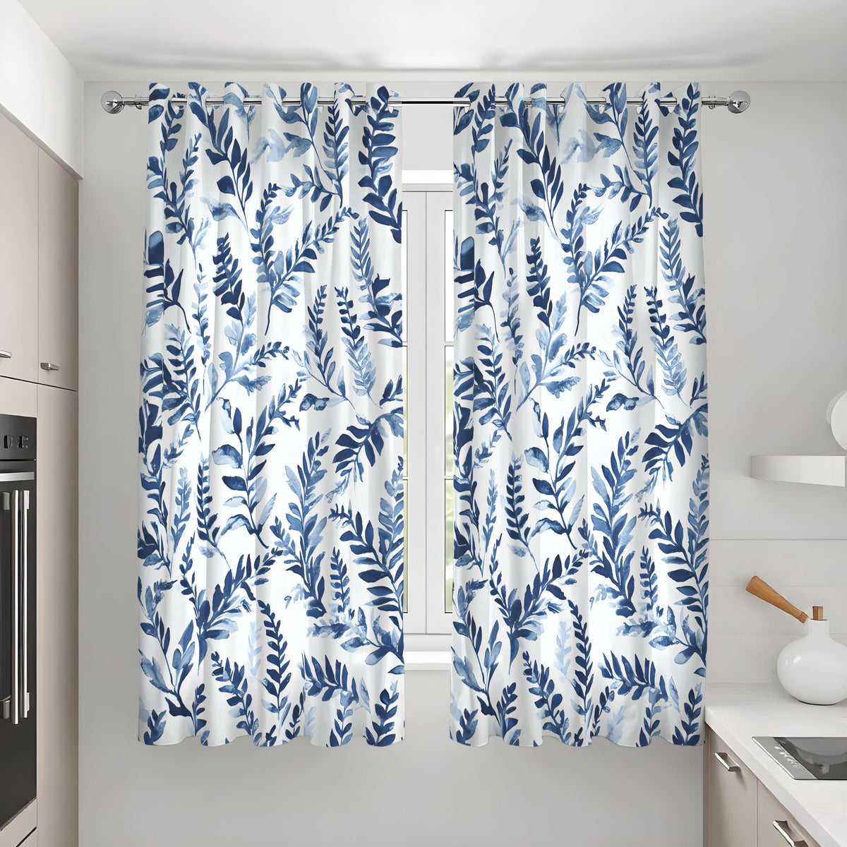 Blue Watercolor Leaf Curtains, Botanical Nature Drapes