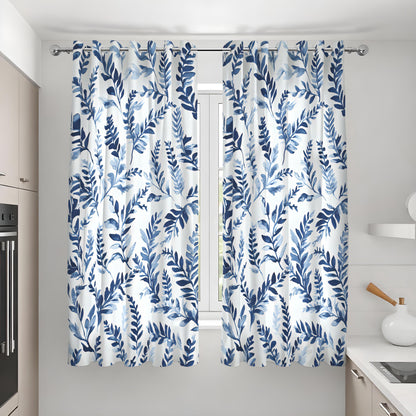 Blue Watercolor Leaf Curtains, Botanical Nature Drapes
