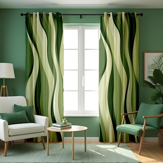Green Retro Wave Curtains, 70s Mid Century Stripe Drapes